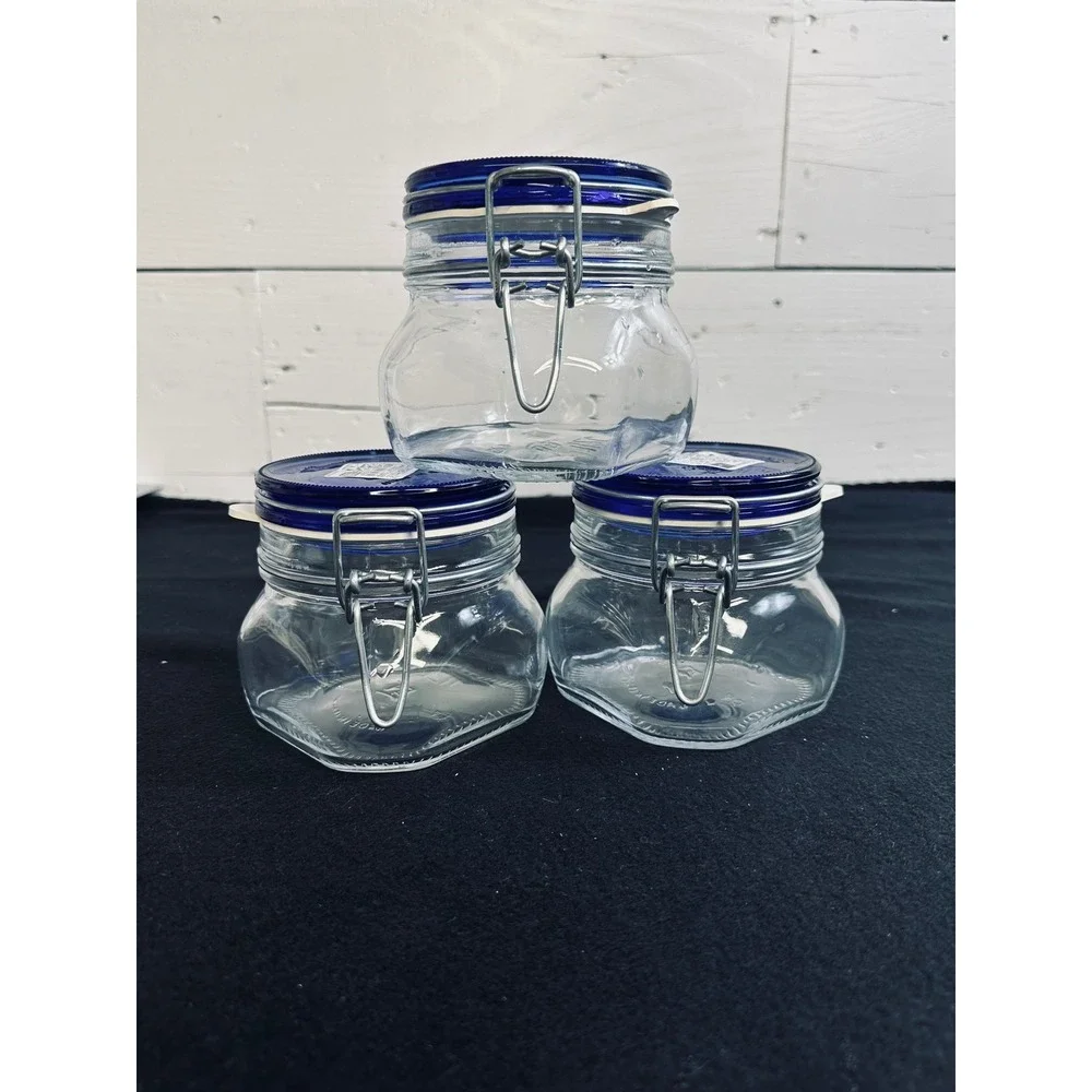 Bormioli Rocco Fido Blue Lid Glass Jars 17oz Made in Italy Set of 3 Hermetic Can